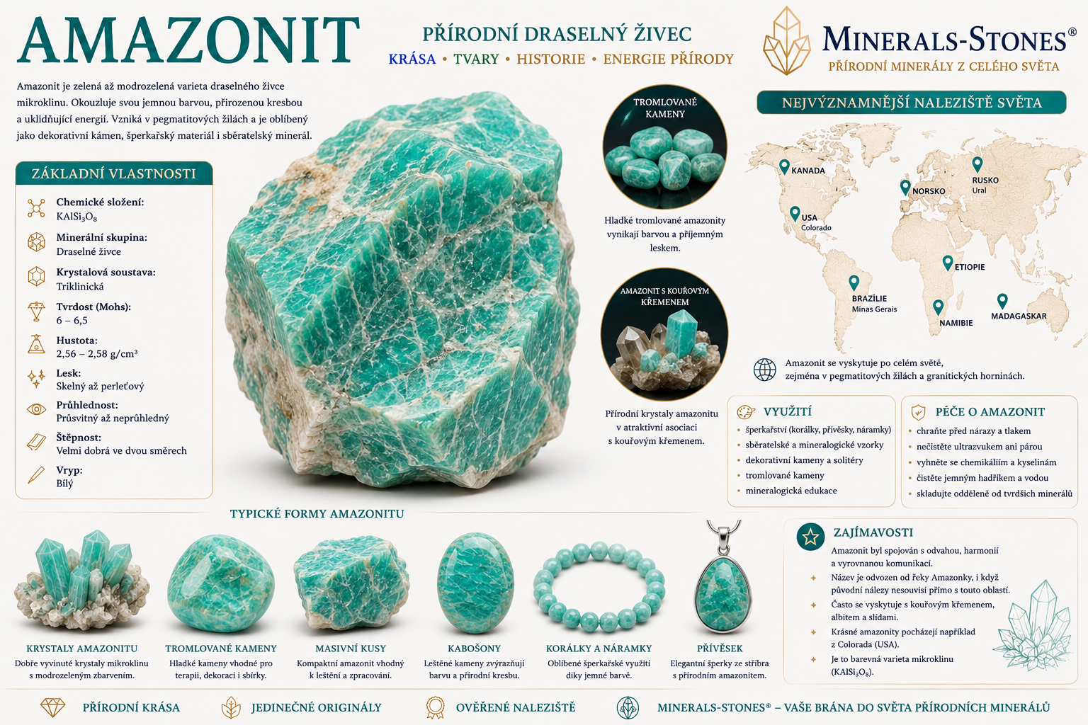 Amazonit: vlastnosti, původ, naleziště, barvy a péče | Encyklopedie minerálů | MINERALS-STONES 