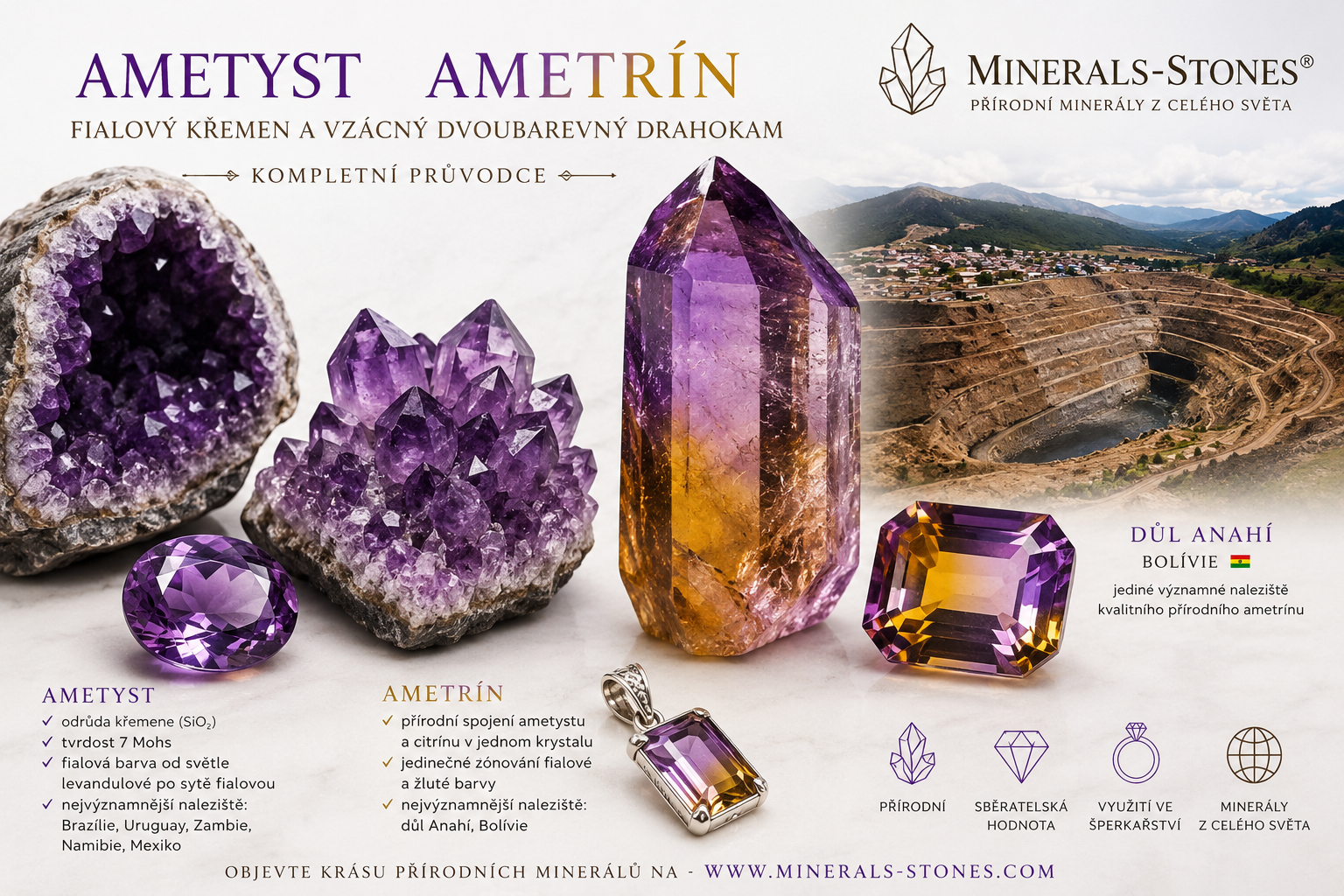 Ametrín a ametyst: kompletní průvodce | Vznik, vlastnosti, naleziště a rozdíly | MINERALS-STONES®