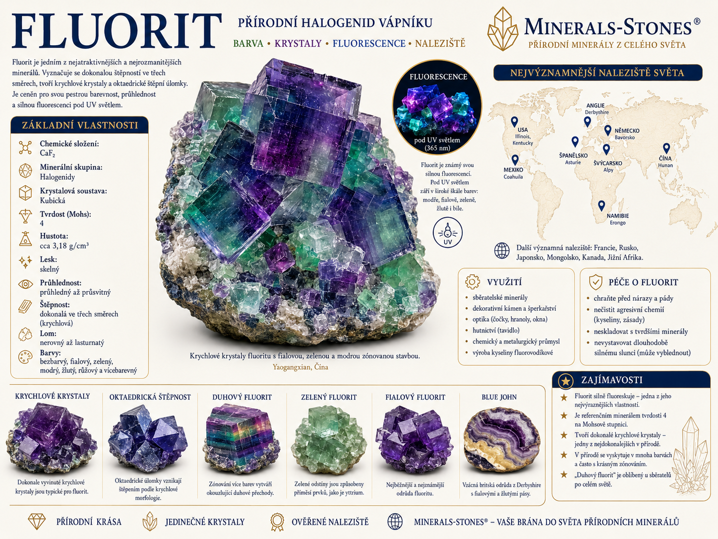 Fluorit: vlastnosti, původ, naleziště, barvy a péče | Encyklopedie minerálů | MINERALS-STONES