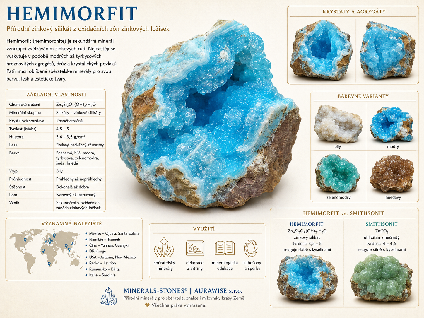 Hemimorfit: vlastnosti, původ, naleziště, barvy a péče | Encyklopedie minerálů | MINERALS-STONES