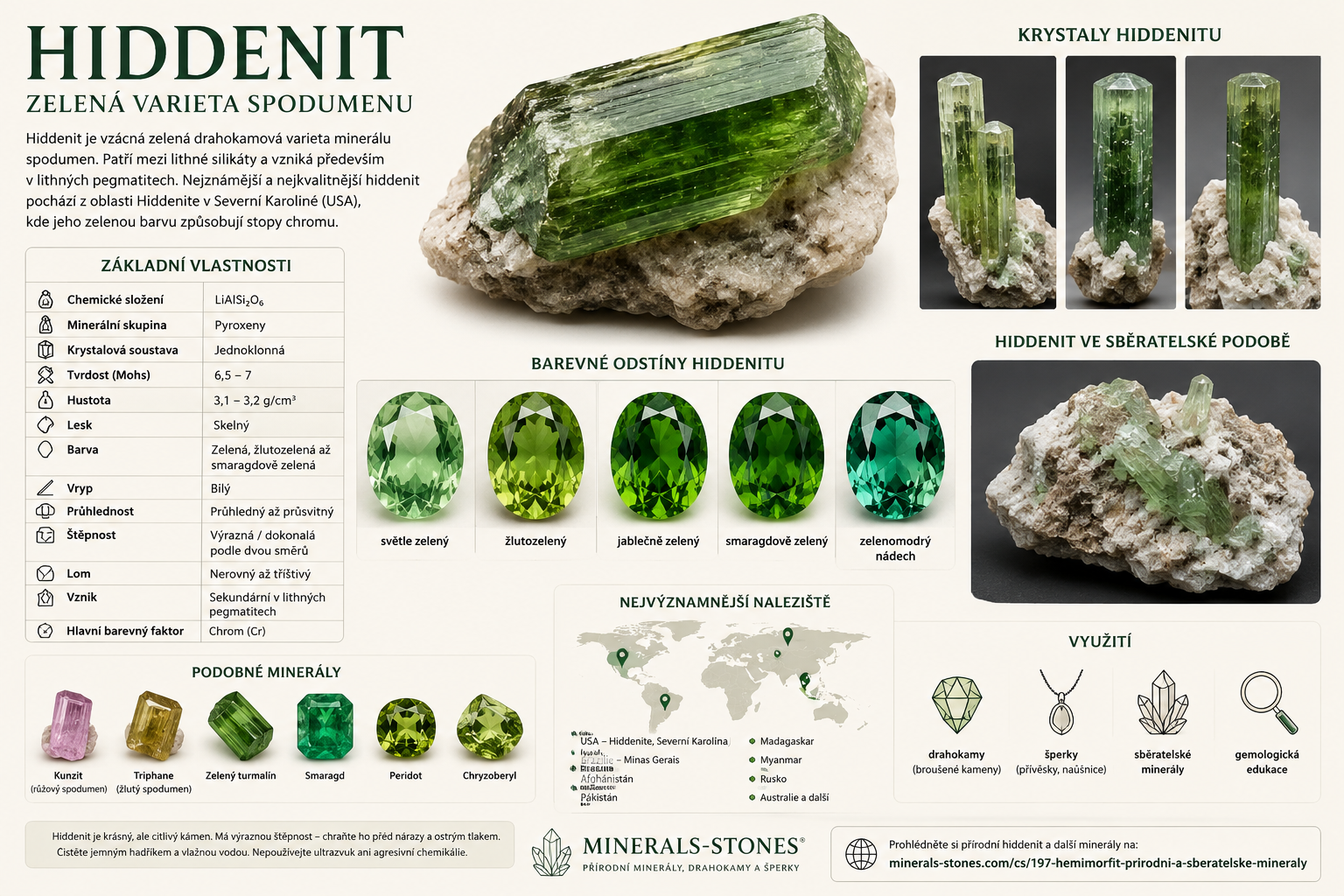 Hiddenit: vlastnosti, původ, naleziště, barvy a péče | Encyklopedie minerálů | MINERALS-STONES