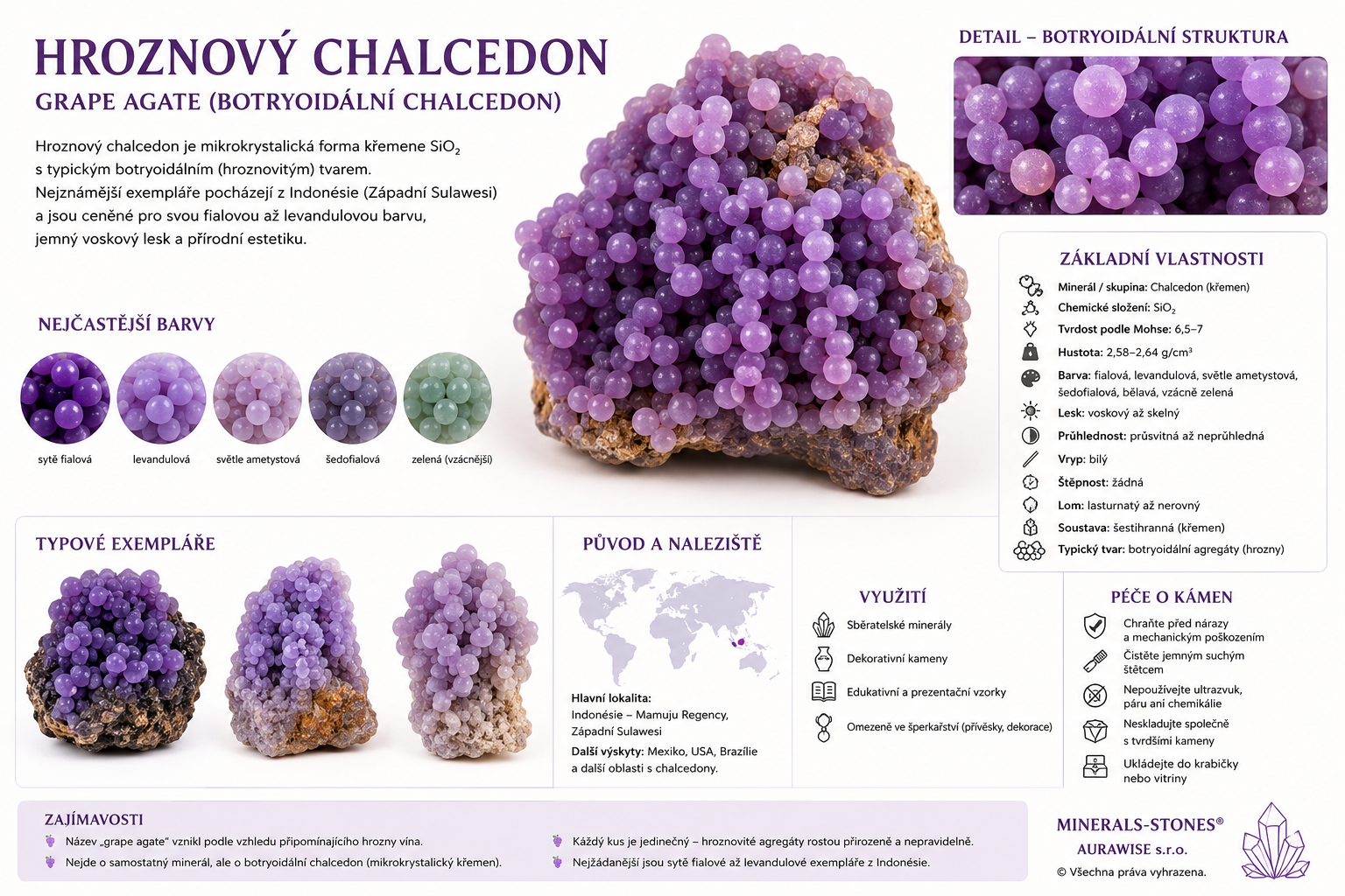 Hroznový chalcedon: vlastnosti, původ, naleziště, barvy a péče | Encyklopedie minerálů | MINERALS-STONES