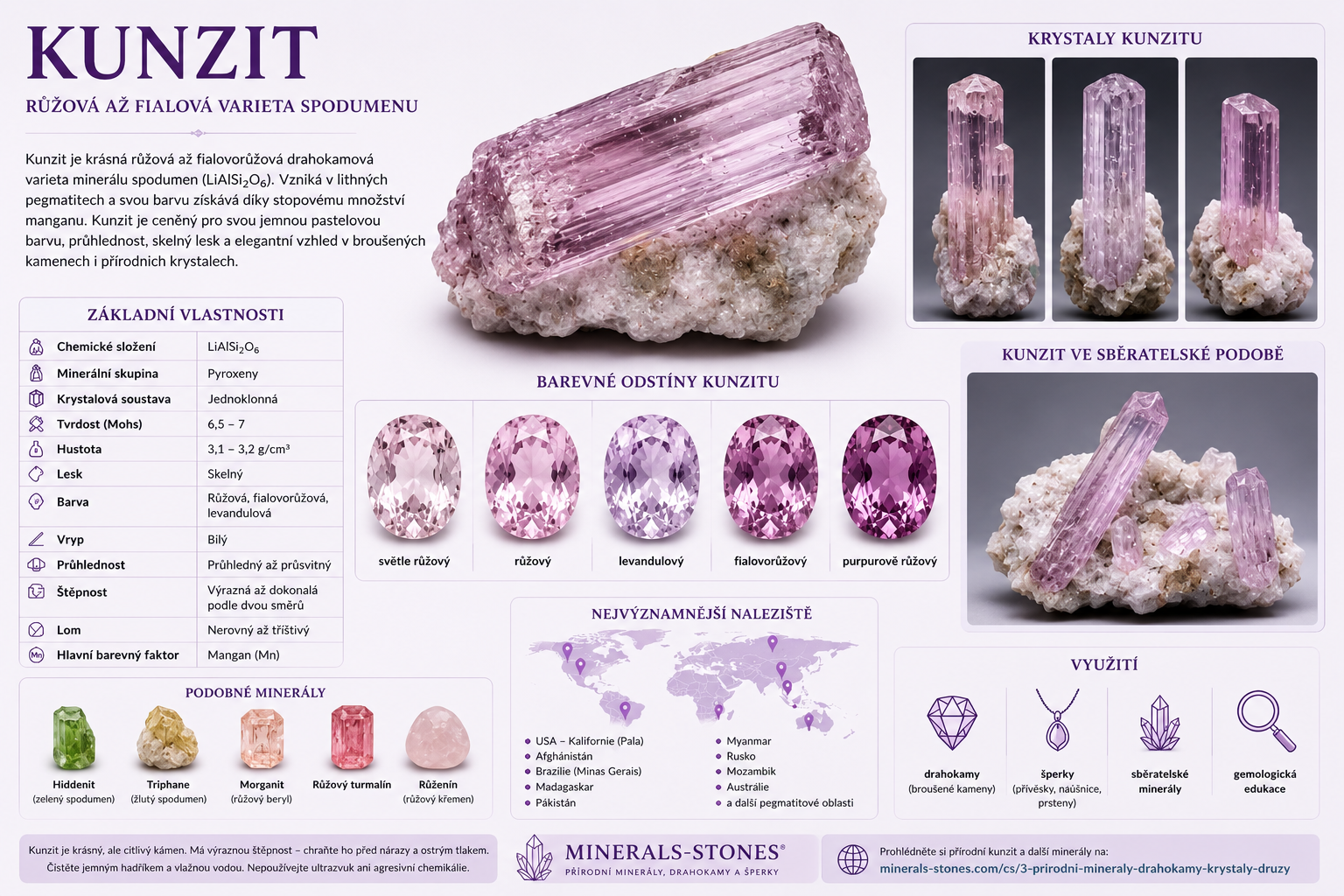 Kunzit: vlastnosti, původ, naleziště, barvy a péče | Encyklopedie minerálů | MINERALS-STONES