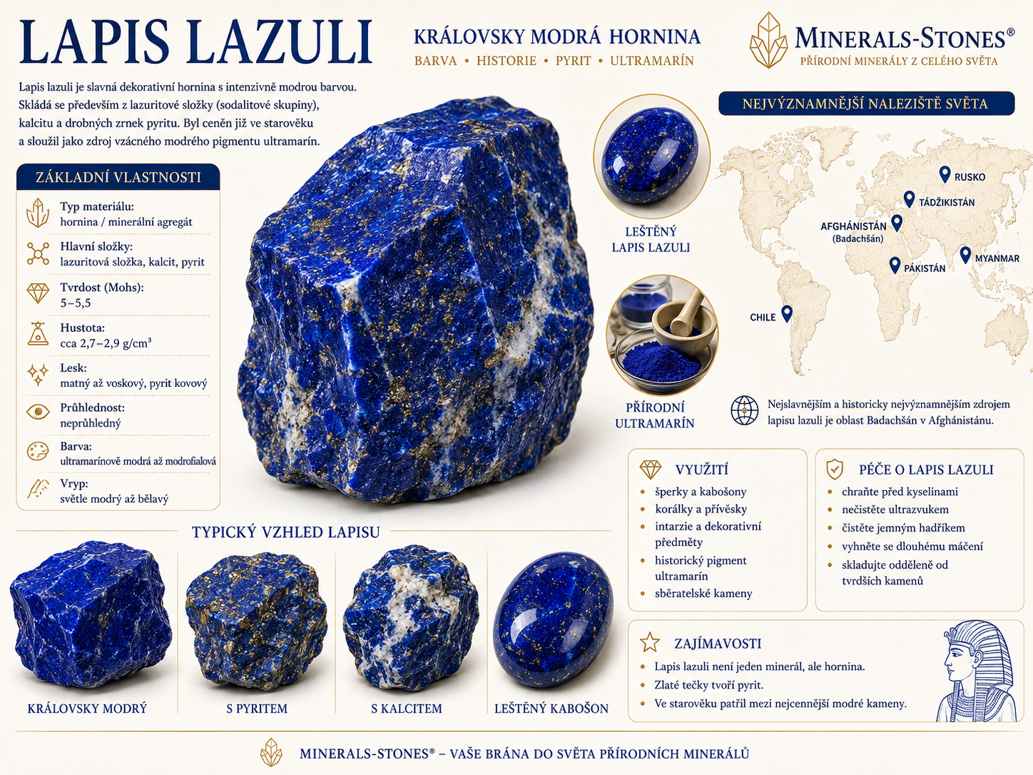 Lapis lazuli: vlastnosti, původ, naleziště, barvy a péče | Encyklopedie minerálů | MINERALS-STONES