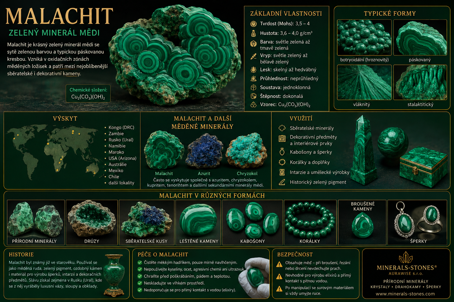 Malachit: vlastnosti, původ, naleziště, barvy a péče | Encyklopedie minerálů | MINERALS-STONES